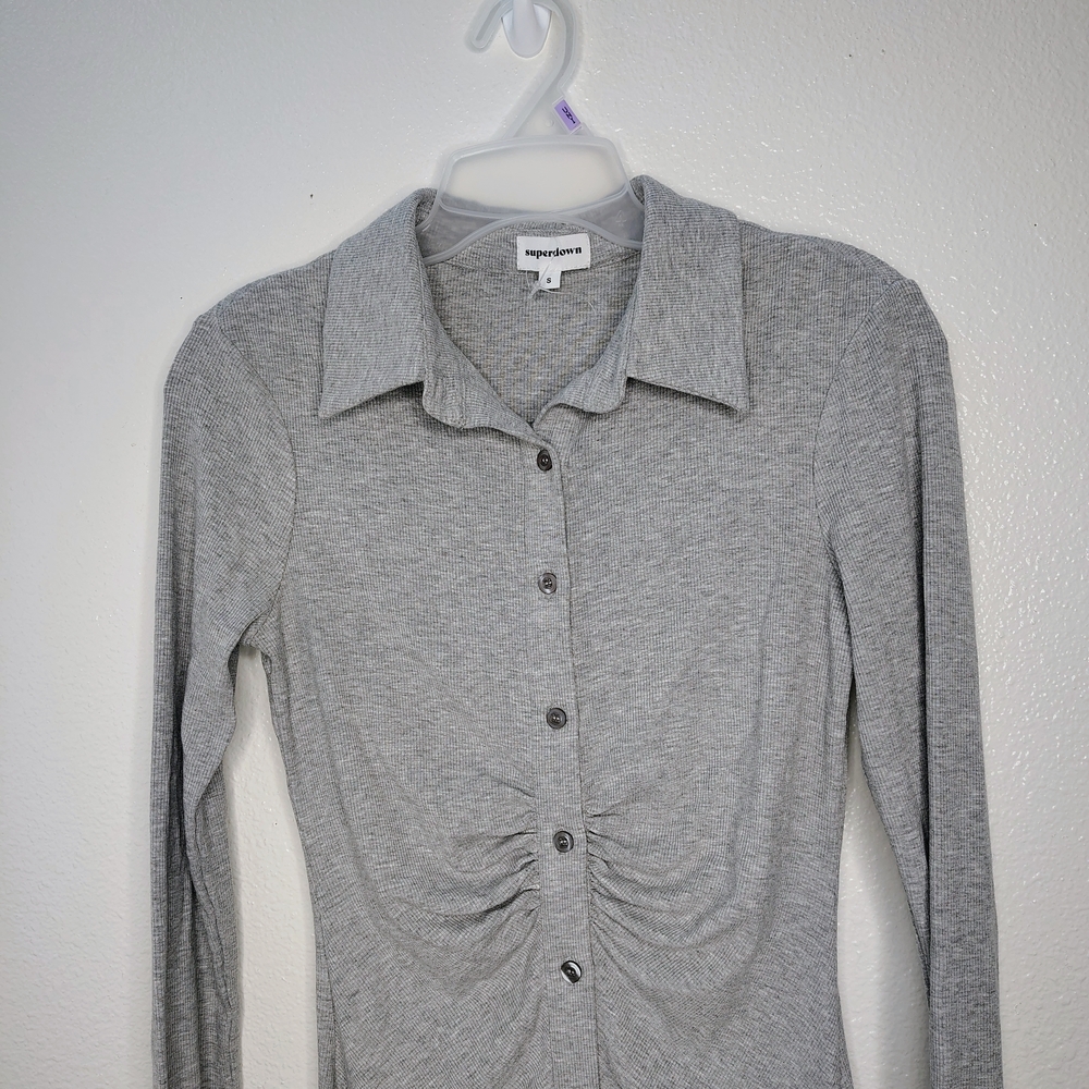 Superdown Gray Ribbed Button Front Ruched Mini Dr… - image 3
